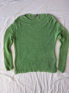 J.Jill Green Open Knit Sweater Large Petite Linen Rayon Pullover